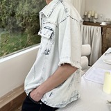 浅蓝色西部牛仔短袖衬衫男夏季美式高街正肩半袖户外轻薄防晒衬衣，男装工装外套，星座513