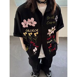 彩色花卉短袖男女华夫格重工刺绣衬衫夏季新款衬衣513DC1696P40图片