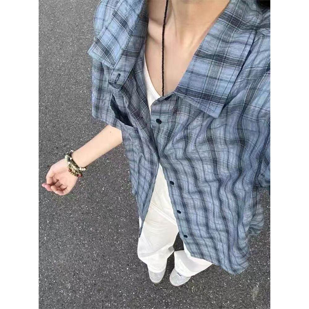 轻薄透气格子短袖衬衫女夏天新款宽松百搭防晒衬衣513DX1465P30，女装衬衫，星座513