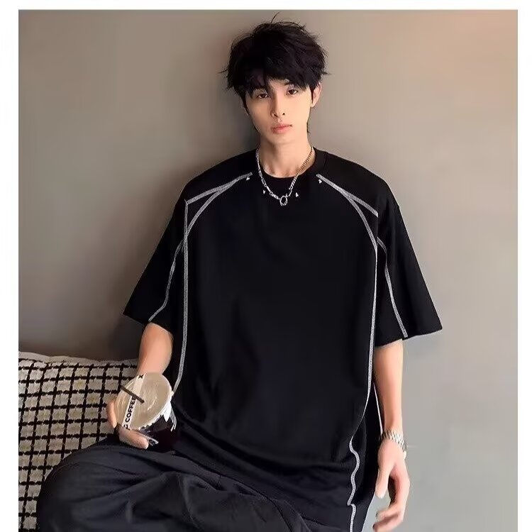 美式明线解构铆钉短袖女男夏宽松休闲百搭圆领T恤513DX138P27,男装T恤,星座513