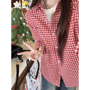情侣休闲百搭腊肠狗刺绣红白格子衬衫女上衣防晒衣513DX170P35图片