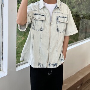 浅蓝色西部牛仔短袖衬衫男夏季美式高街正肩半袖户外轻薄防晒衬衣图片