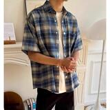 美式复古撞色格子短袖衬衣男女休闲宽松情侣半袖衬衣513DX1388P30，男装T恤，星座513