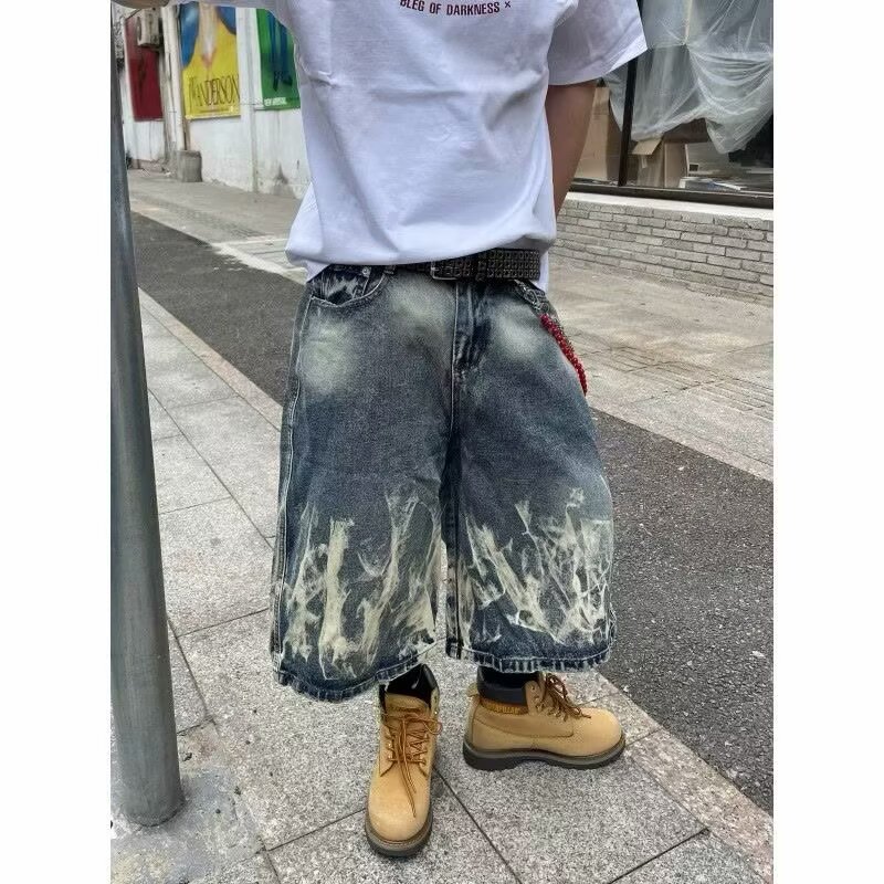 美式街头闪电纹扎花七分牛仔裤男女过膝直筒短裤513DKJ241P39,男装牛仔裤,星座513