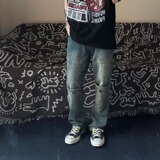 韩版新款宽松休闲复古做旧水洗磨白工装高腰牛仔裤513CK067P45，男装牛仔裤，星座513