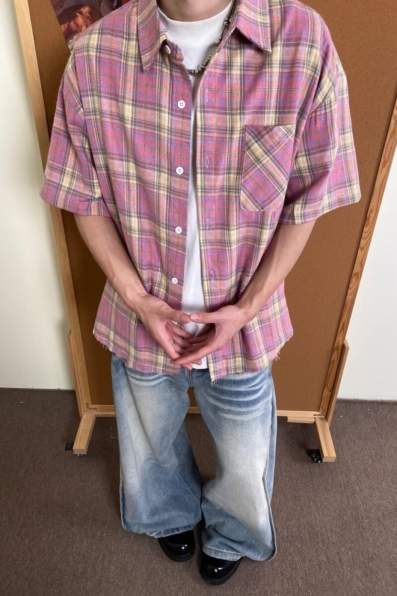 美式复古粉色格子衬衫男女夏季宽松短袖男潮流衬衣513DX1350P35,男装衬衫,星座513