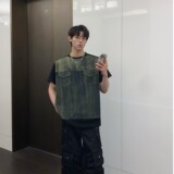 潮牌复古t恤男牛仔拼接短袖男生高级感痞帅垫肩上衣513DX103P45，男装T恤，星座513