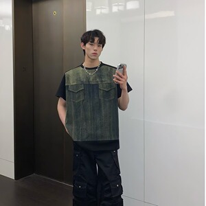 潮牌复古t恤男牛仔拼接短袖男生高级感痞帅垫肩上衣513DX103P45图片