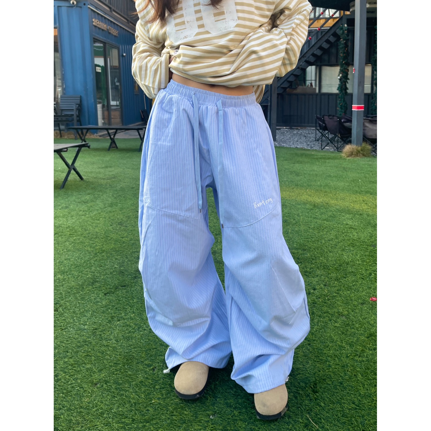 条纹工装裤女新款美式降落伞兵裤百搭阔腿运动裤子513CK145P40，男装工装外套，星座513