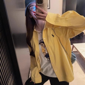撞色刺绣短袖衬衫男女同款宽松多巴胺衬衣休闲情侣513CS163P40