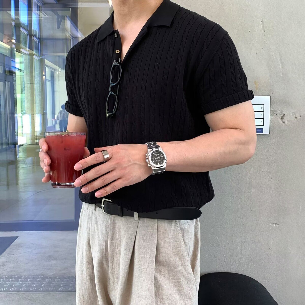 雅痞风Polo衫短袖男款夏季成熟稳重有领T恤高级感条纹修身三分袖,男装T恤,星座513