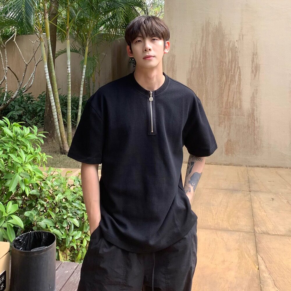 老钱风华夫格半拉链短袖T恤潮男亨利领克罗心百搭宽松513DX979P34，男装T恤，星座513