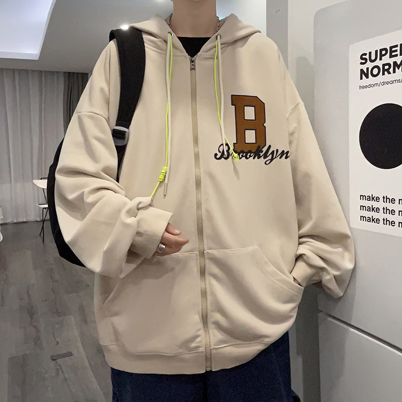秋季新款植绒印花穿绳时尚宽松男连帽开衫卫衣情侣514-7 WY01 P65图片