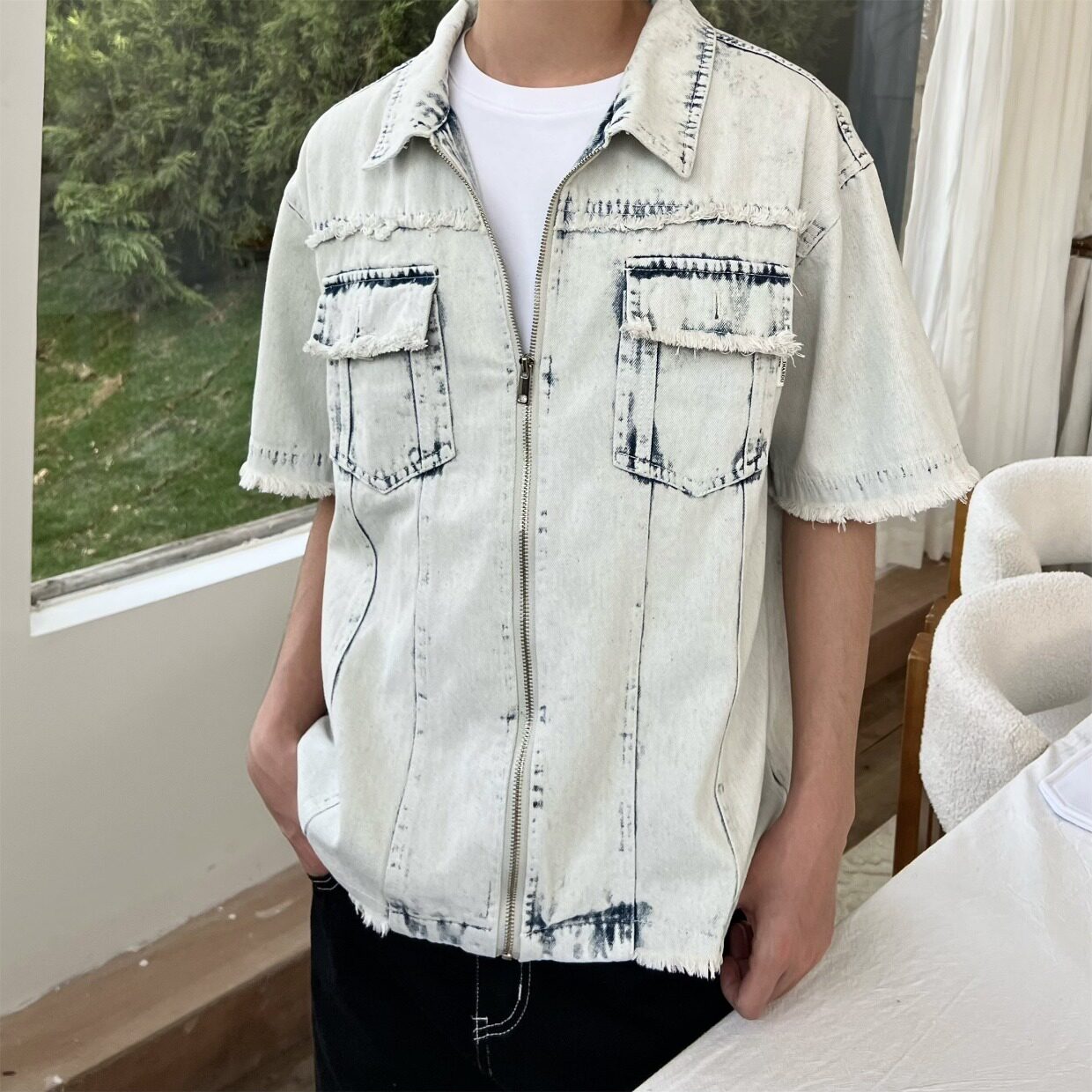 浅蓝色西部牛仔短袖衬衫男夏季美式高街正肩半袖户外轻薄防晒衬衣,男装工装外套,星座513