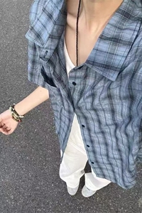 轻薄透气格子短袖衬衫女夏天新款宽松百搭防晒衬衣513DX1465P30图片