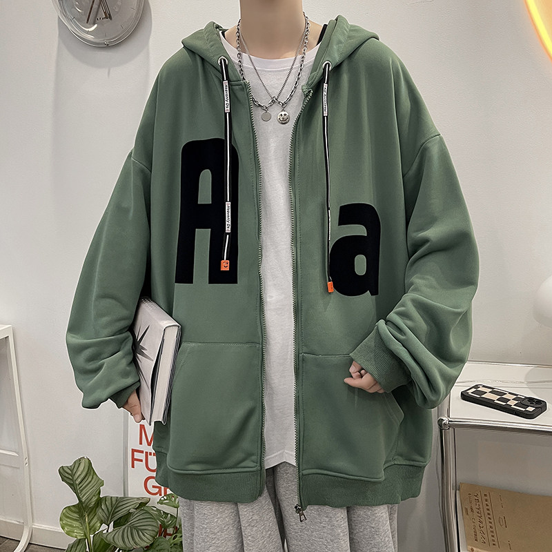 秋季新款连帽卫衣潮字母植绒印花绿色开衫男外套514-7 WY03 P60图片