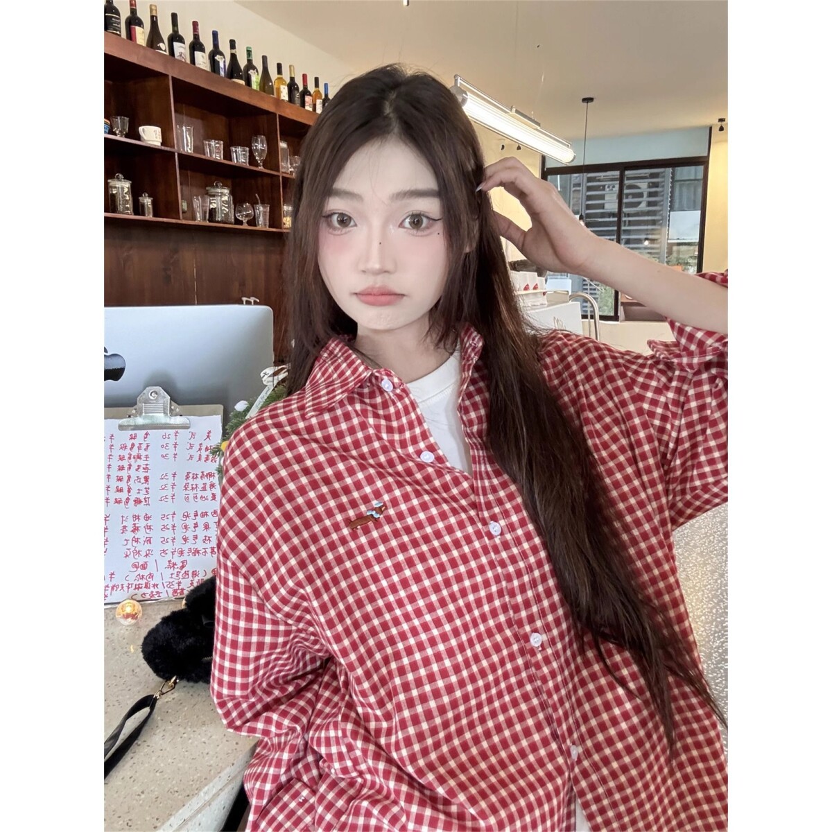 情侣休闲百搭腊肠狗刺绣红白格子衬衫女上衣防晒衣513DX170P35,男装防晒衣,星座513