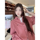 情侣休闲百搭腊肠狗刺绣红白格子衬衫女上衣防晒衣513DX170P35，男装防晒衣，星座513