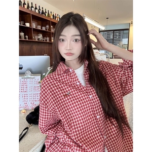 情侣休闲百搭腊肠狗刺绣红白格子衬衫女上衣防晒衣513DX170P35图片