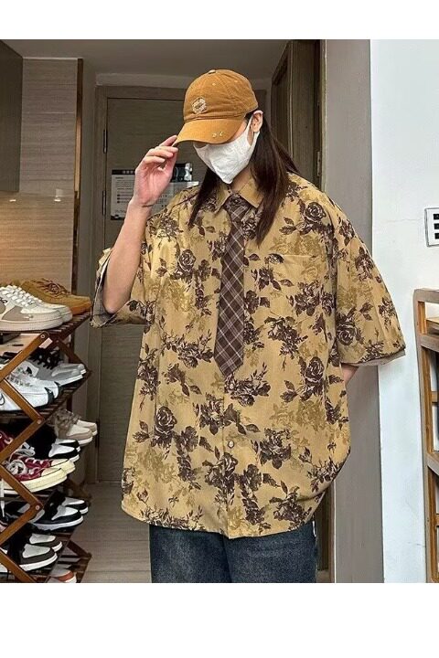 古着cleanfit巴洛克衬衫男短袖设计感高级冰丝花衬衣美式复古外套,男装衬衫,星座513