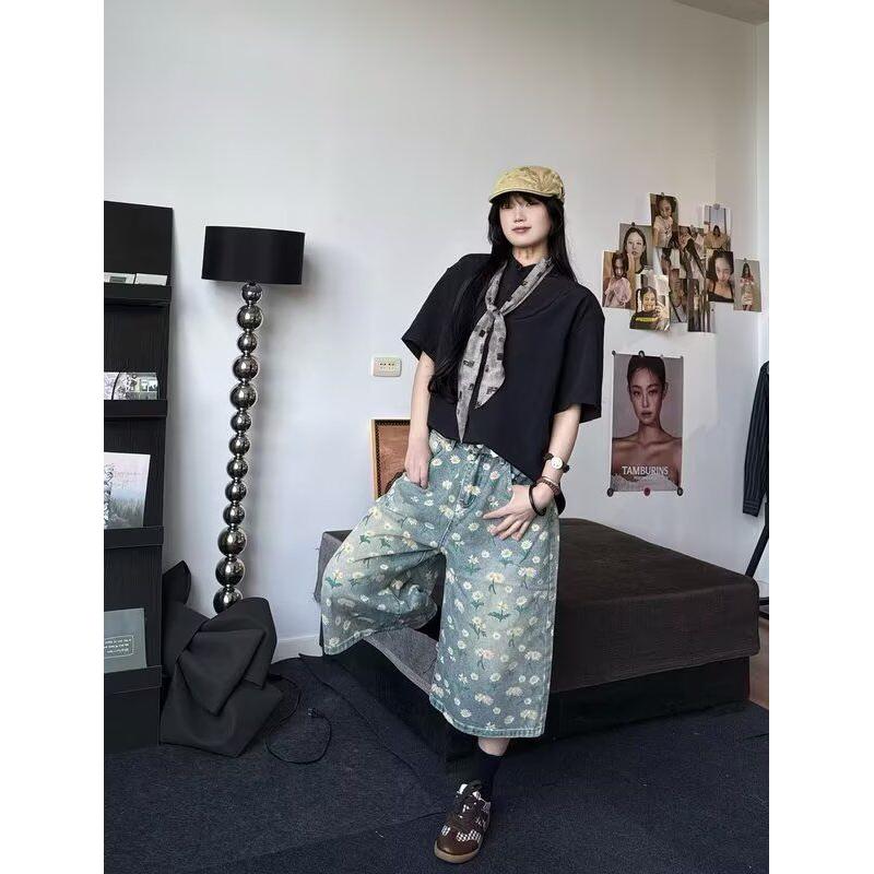 满印小雏菊印花牛仔七分裤女水洗做旧短裤513DK1213P45,女装牛仔裤,星座513