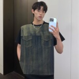 潮牌复古t恤男牛仔拼接短袖男生高级感痞帅垫肩上衣513DX103P45，男装T恤，星座513
