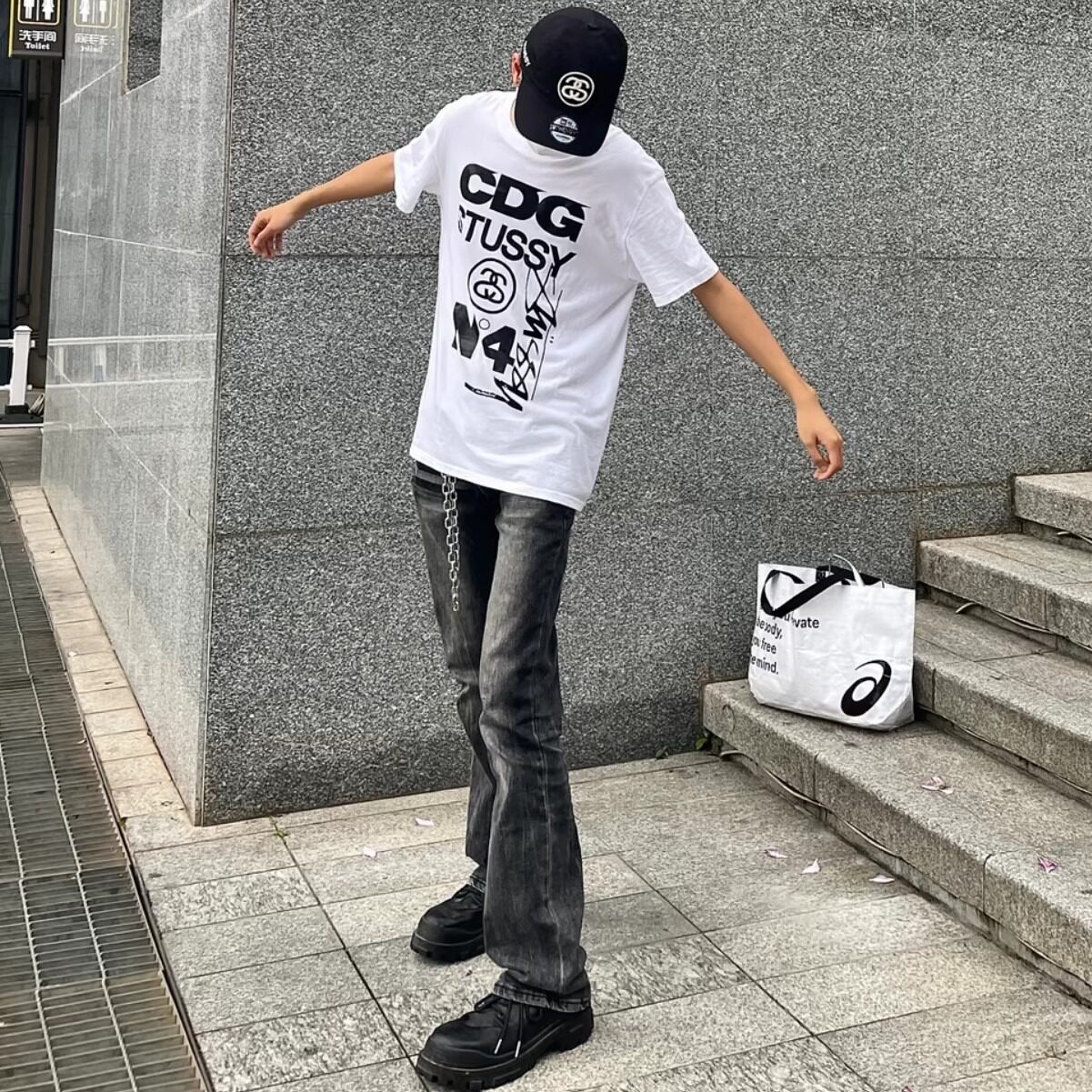 水洗黑色闪电纹牛仔裤潮牌美式复古直筒微喇长裤男513CK049P42,男装牛仔裤,星座513