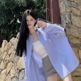 夏季新款蓝色条纹印花衬衫薄长袖宽松防晒衬衣513CX352P33，男装防晒衣，星座513