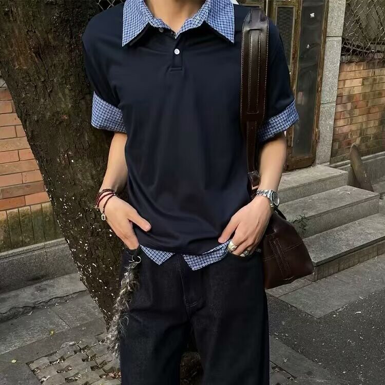 格子翻领假两件拼接短袖上衣夏装短袖t恤女半袖513PL101P35,男装Polo衫,星座513