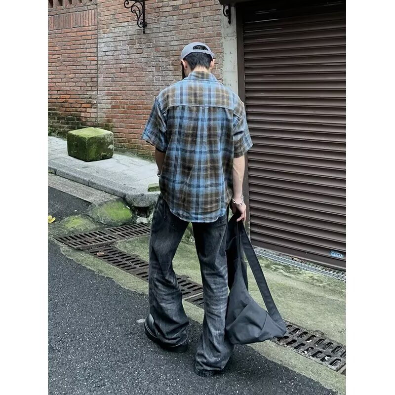 撞色格子短袖衬衫男美式复古街头宽松休闲百搭慵懒风513DX196P28,男装T恤,星座513