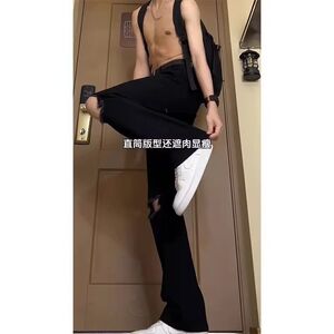 弯刀微喇破洞牛仔裤男修身显瘦显腿长提档裤子美式高街弹力直筒裤图片