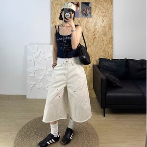 夏七分裤男女同款美式复古宽松直筒伐木工装短裤513DK079P50图片