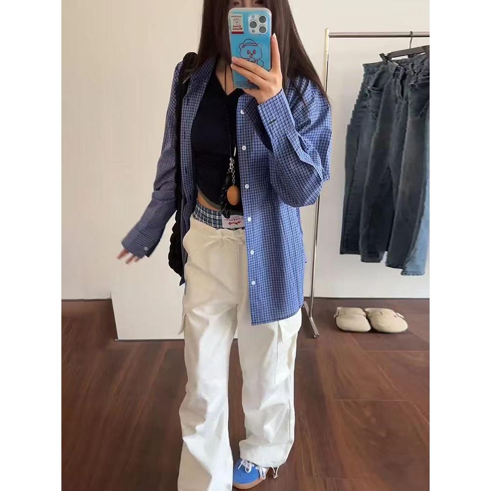 美式慵懒宽松蓝色格子衬衫男女同款长袖衬衣513CS1111P28,男装衬衫,星座513