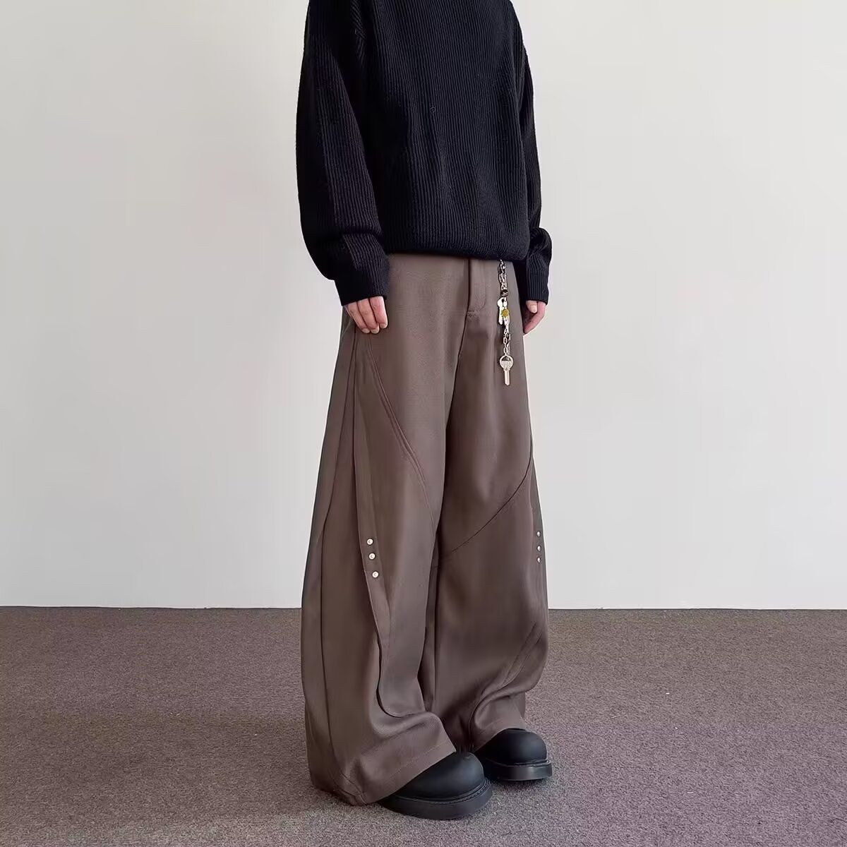 黑色铆钉弯刀西裤男款cleanfit垂感高级感裤子小众直筒宽松阔腿裤,男装休闲裤,星座513