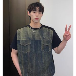 潮牌复古t恤男牛仔拼接短袖男生高级感痞帅垫肩上衣513DX103P45图片