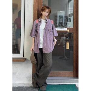 美式复古紫色显白短袖衬衫女夏季潮牌中性风个性衬衣513DC1702P37图片