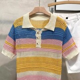 镂空针织polo衫男夏短袖透气条纹时尚翻领休闲半袖513PL131P35，男装针织衫/毛衣，星座513