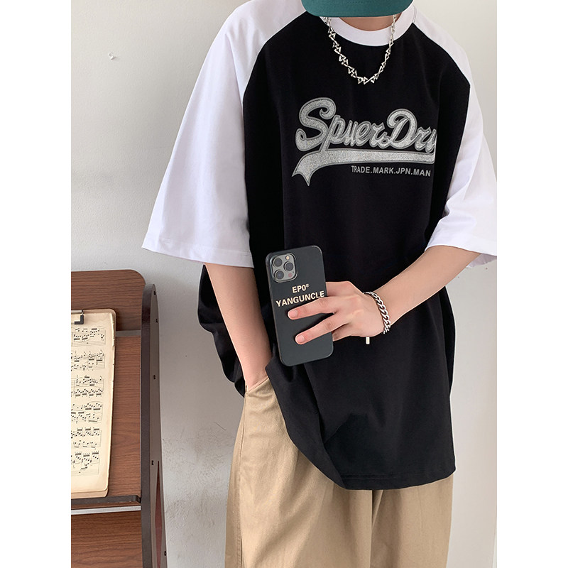 抖音供货夏港风男女拼接款字母短袖男潮落肩T恤2319P38514-7,男装T恤,星座513