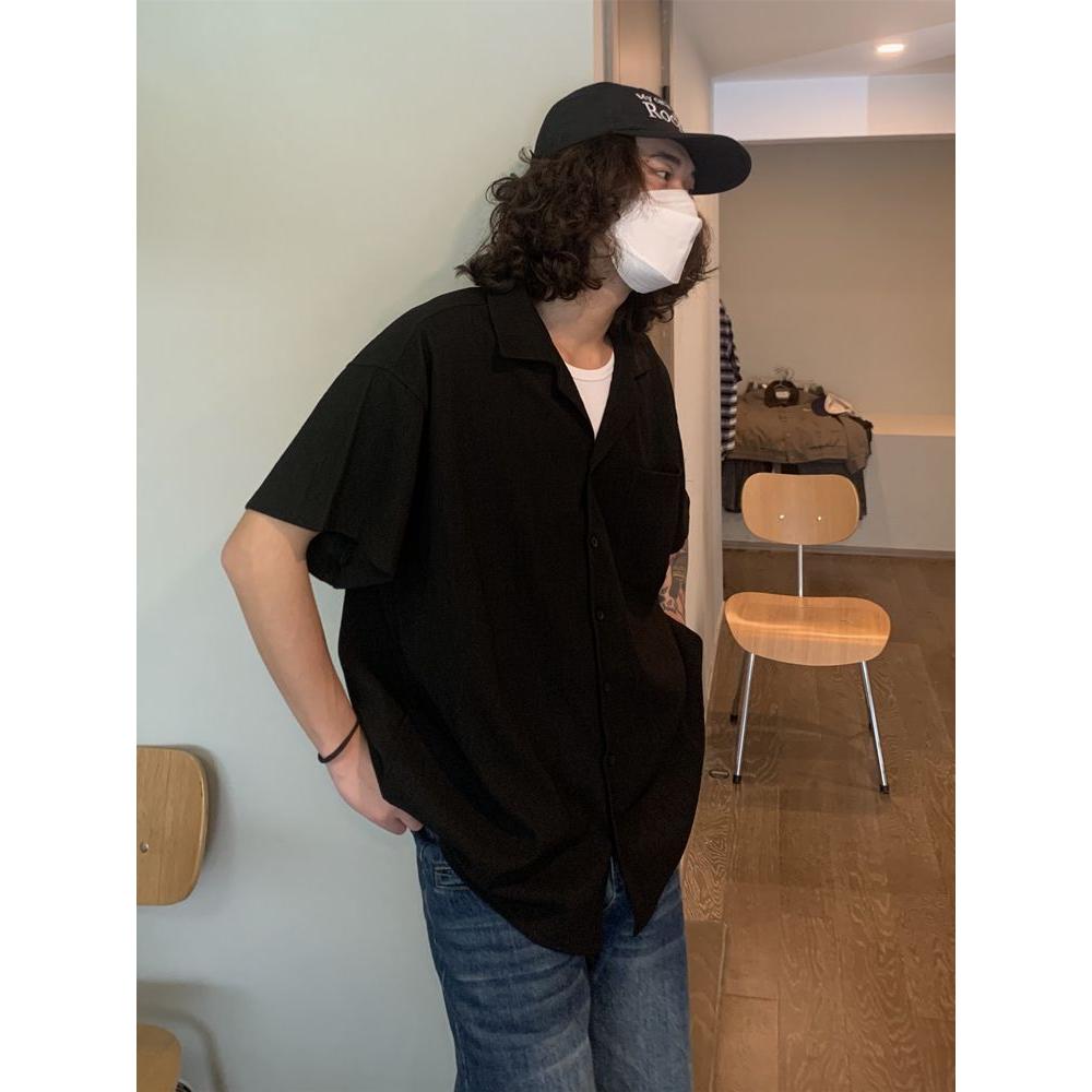 夏日系复古小细纹坑条短袖衬衫男古巴领纯色情侣衬衣513DX1453P33,男装T恤,星座513
