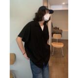 夏日系复古小细纹坑条短袖衬衫男古巴领纯色情侣衬衣513DX1453P33，男装T恤，星座513
