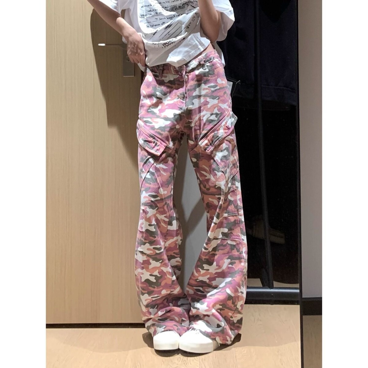 新款粉色迷彩大口袋工装裤阔腿宽松直筒男女街头做旧513CK1529P55，女装牛仔裤，星座513