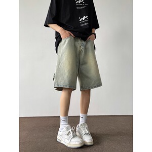 潮牌高街后拉链牛仔短裤男夏季美式复古直筒五分裤513DK031P35图片