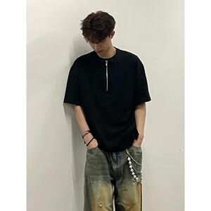 美式铆钉半拉链短袖T恤男春夏季潮牌宽松廓形正肩情侣半袖体恤衫图片