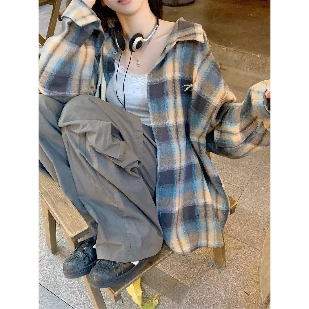 新款休闲宽松内搭叠穿衬衣慵懒复古长袖格子衬衫513CS1208P28,女装衬衫,星座513