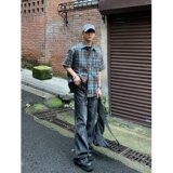 撞色格子短袖衬衫男美式复古街头宽松休闲百搭慵懒风513DX196P28，男装T恤，星座513
