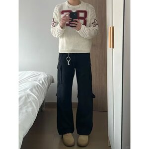 美式复古镂空针织罩衫男女新款数字提花宽松球衣513CX126P37图片