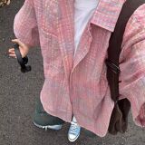 美式复古格纹短袖衬衫女夏宽松衬衣彩纱外套情侣上衣513DX1435P34，男装衬衫，星座513