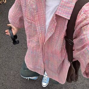 美式复古格纹短袖衬衫女夏宽松衬衣彩纱外套情侣上衣513DX1435P34图片