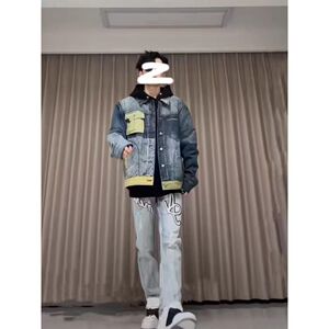 轻奢牛仔裤男闪电纹浅色贴布修身小脚直筒网红裤子513CK1050P45图片
