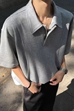 浅灰色半拉链翻领t恤男款美式复古拼接短袖polo衫高级感重磅半袖，男装Polo衫，星座513